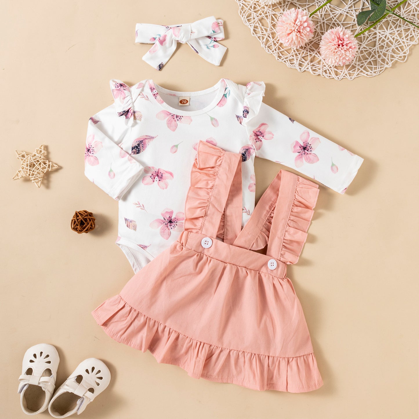 Printed Long-sleeved Baby Girl Romper, Two-color Strap Ruffled Dress Headdress, Three Pieces