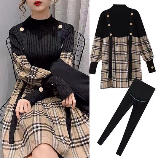 Black and beige plaid dress with matching leggings on a white background