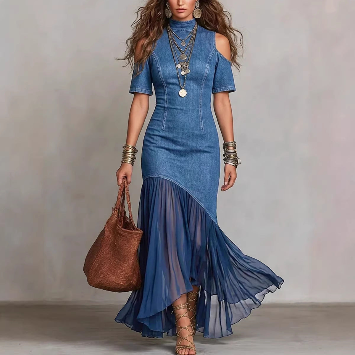 L'Épaule — Off-Shoulder Mesh-Hem Slim-Fit Midi Dress