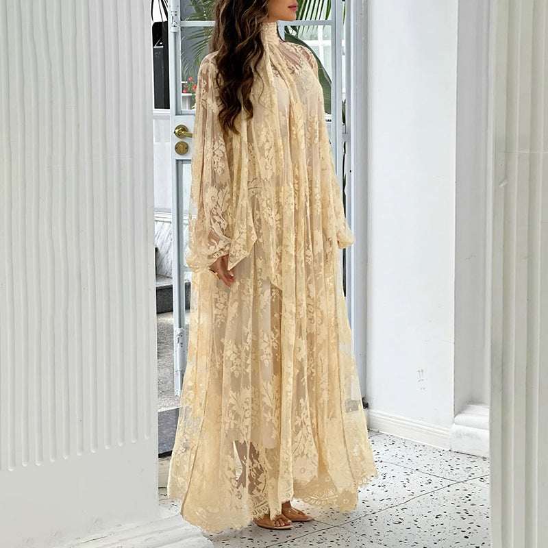 Women's Embroidered Lotus-Ruffle Long-Sleeve Maxi Dress | Apricot & Dark Brown | S–XL