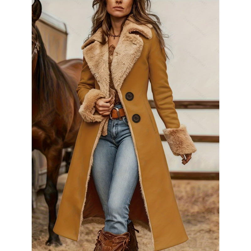 A woman models a long tan wool-blend coat with a beige sherpa lining and large collar, paired with blue jeans and brown boots, standing in front of a horse in a rustic indoor setting.