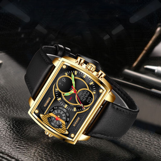 Luxury black and gold watch on a dark textured surface
