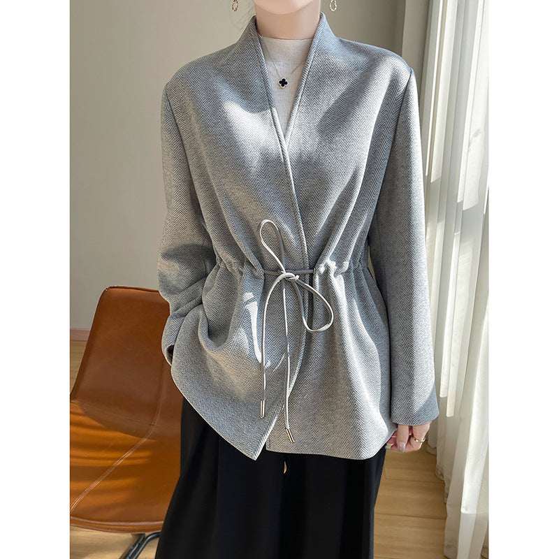 Women's Cashmere-Blend V-Neck Knit Cropped Blazer | Black & Light Gray | M–XL