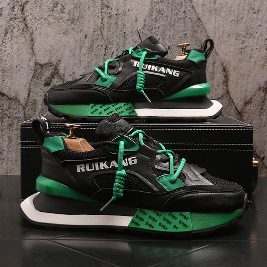 Black and green sneakers with 'RIUKANG' branding on a dark surface.