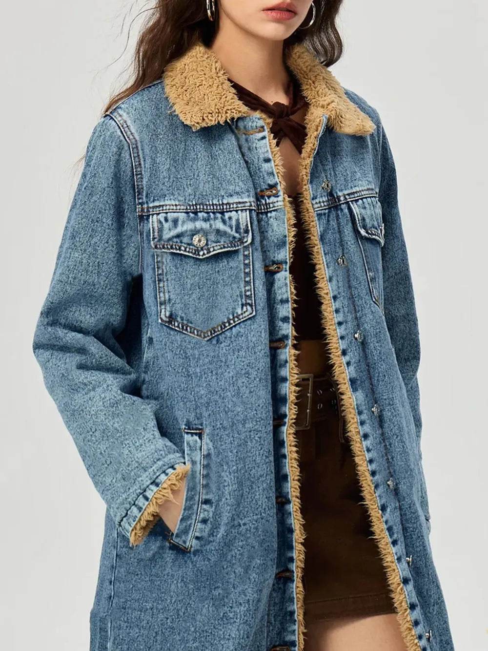 Pocketed Button Up Denim Jacket with Fur Lining - Millivan supplies 