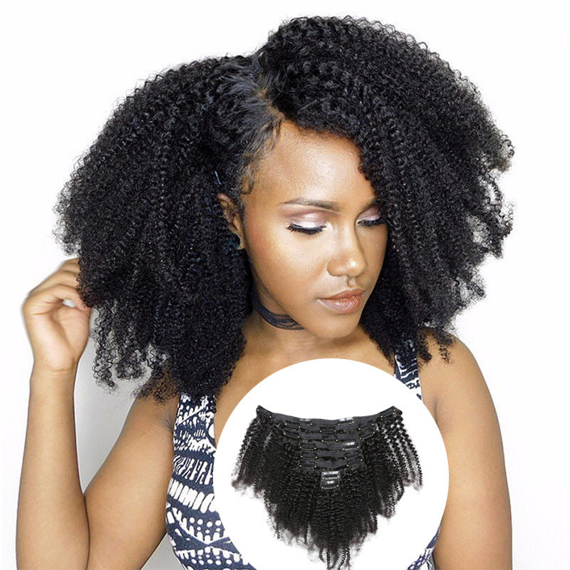 Woman with styled hair and a close-up of hair extensions on a white background