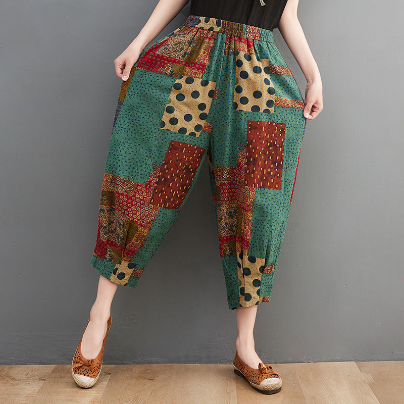 Women's Cotton And Linen Casual Plus Size Printed Ninth Harem Pants