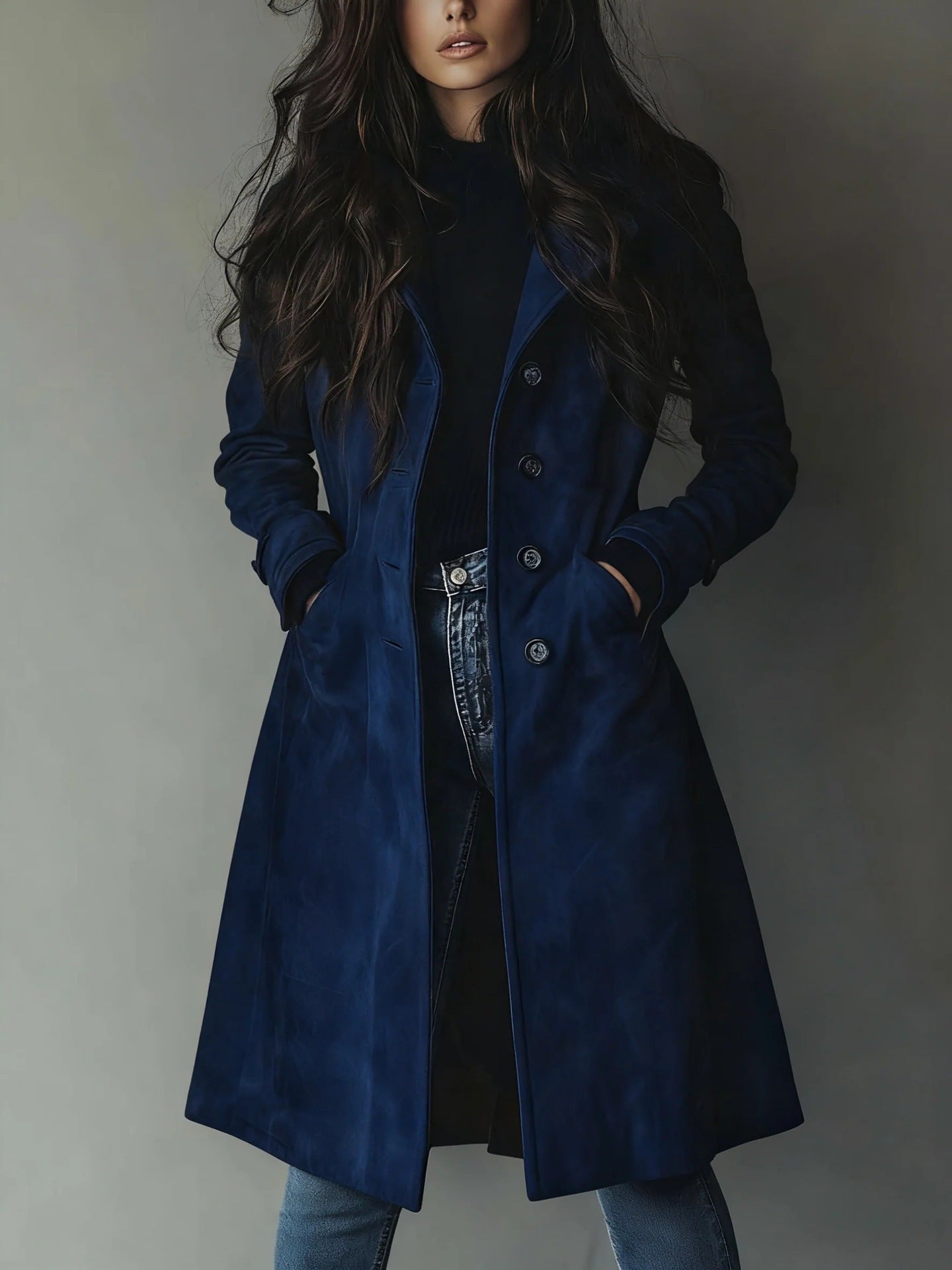 Woman wearing a blue coat against a plain background