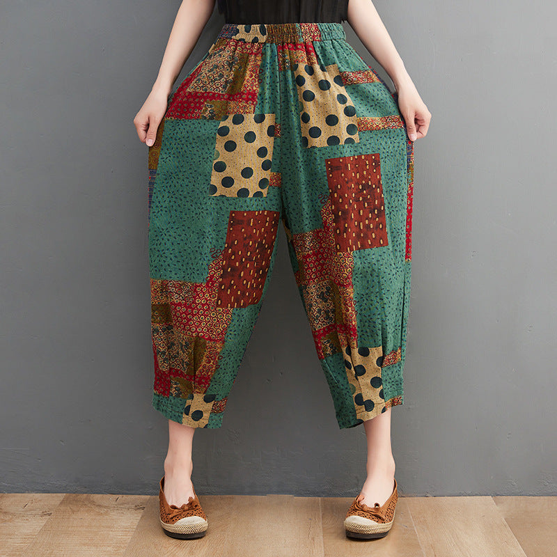 Women's Cotton And Linen Casual Plus Size Printed Ninth Harem Pants