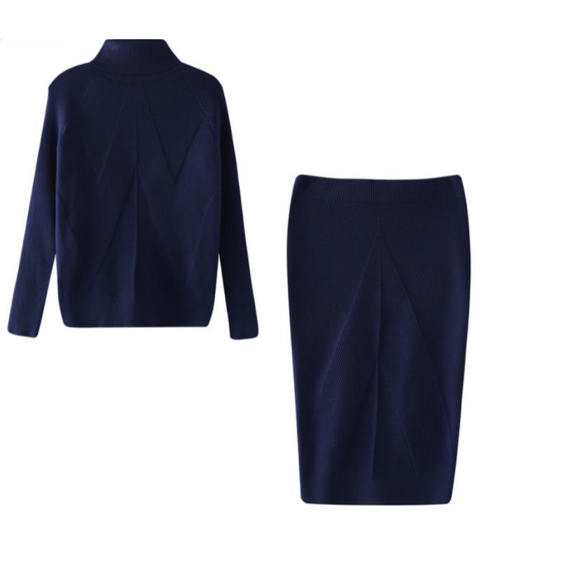 Navy blue suit jacket and skirt set on a white background