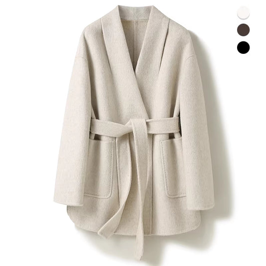 Beige robe-style coat with belt on a white background