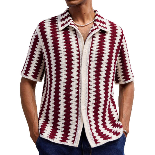 Person wearing a maroon and white striped shirt on a white background