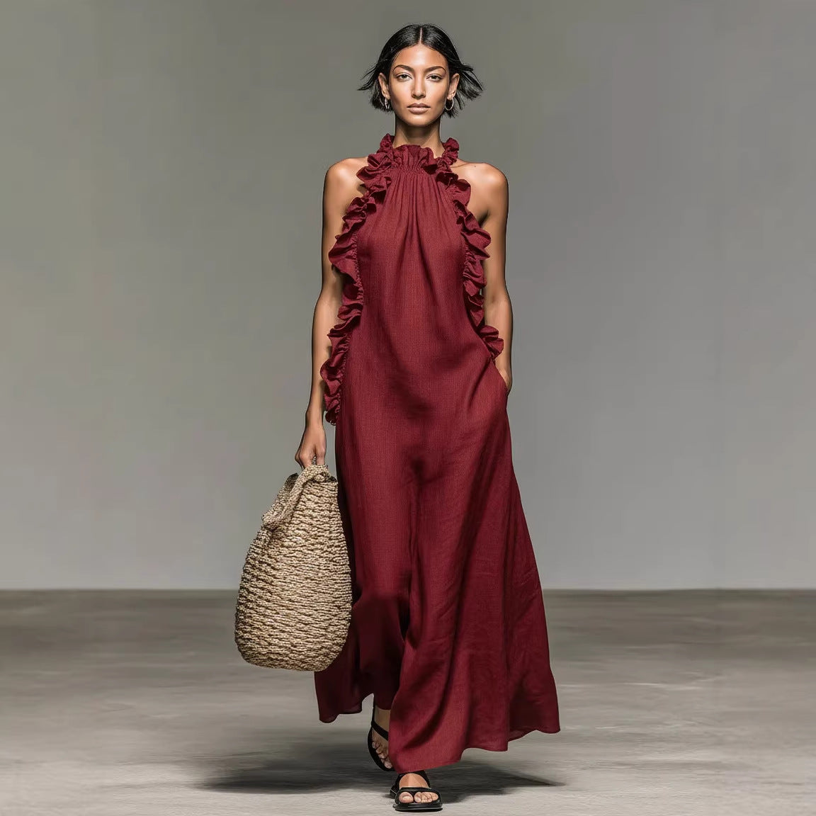 Le Volant — Ice-Silk Ruffle Halter Open-Back Maxi Dress