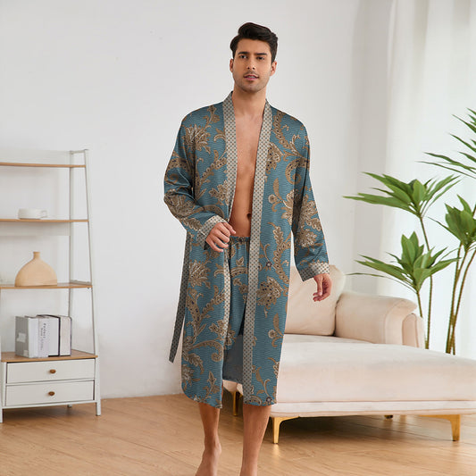 Man wearing a patterned robe in a living room setting