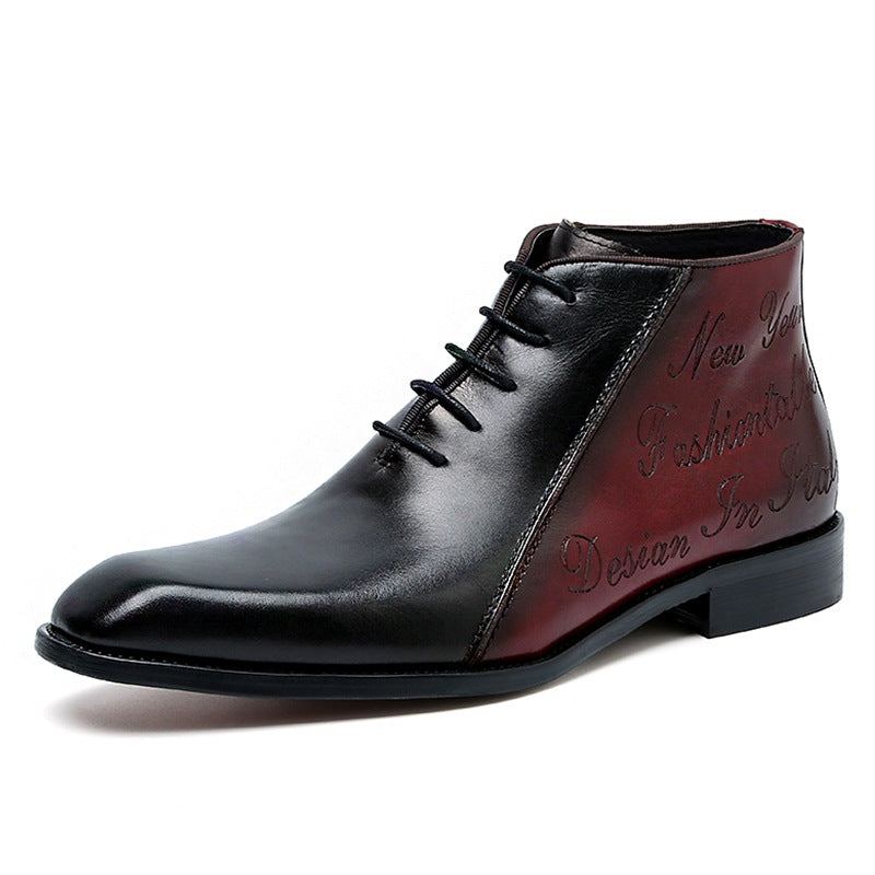 Black leather ankle boot with red side panel on a white background