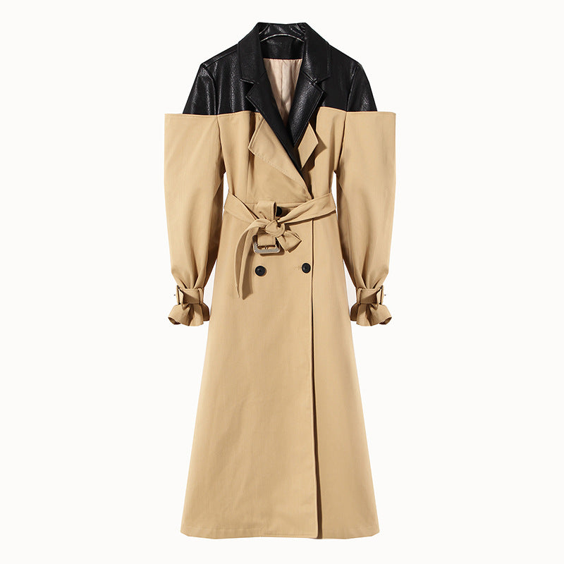Beige trench coat with black leather collar on a white background by millivan