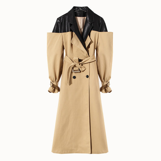 Beige trench coat with black leather collar on a white background by millivan