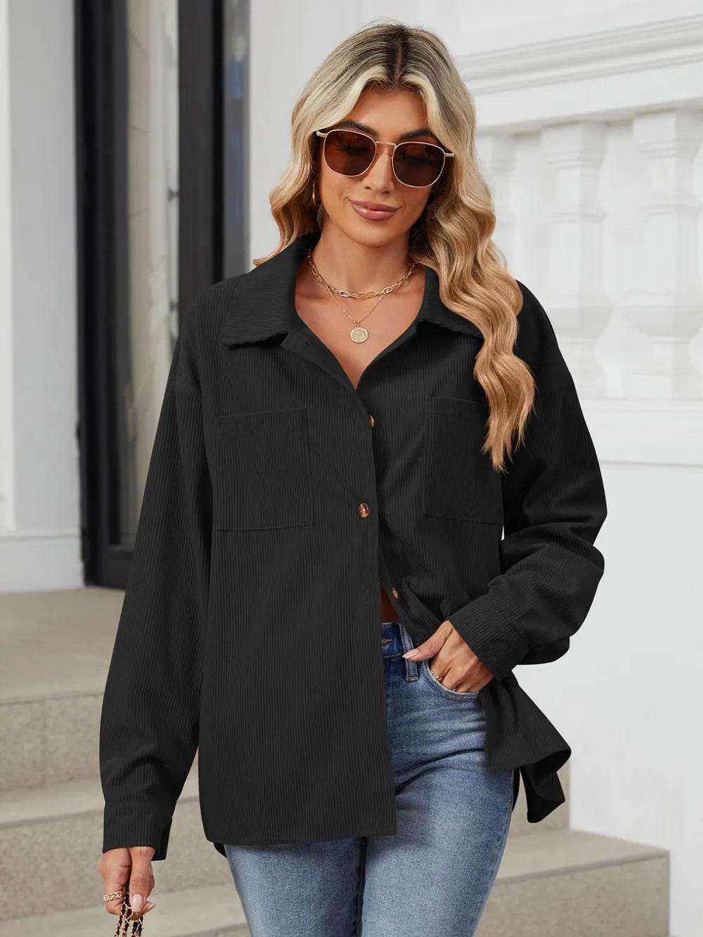 Button Up Dropped Shoulder Long Sleeve Outerwear - Millivan supplies 