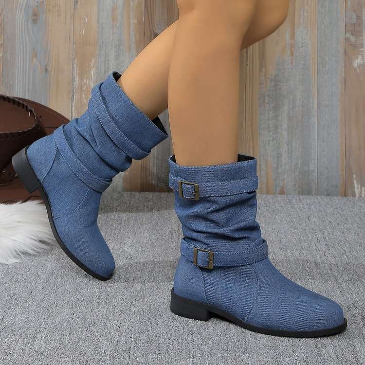 Women's Square Heel Denim Leather Boots - Round Toe High Boots