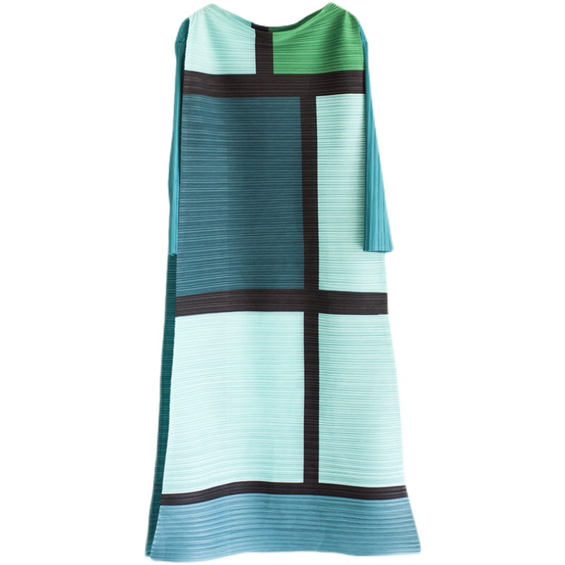 Color-blocked dress with geometric pattern on a white background