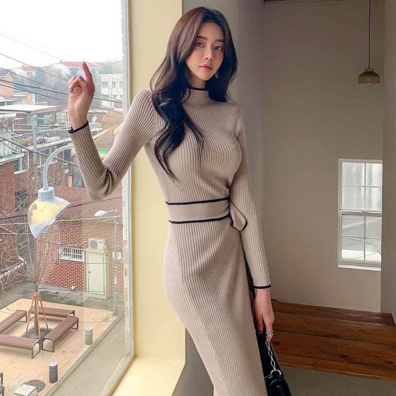 Women's Stand-Collar Long-Sleeve Sweater Dress With Lace Waist Panel | Apricot & Black | One Size