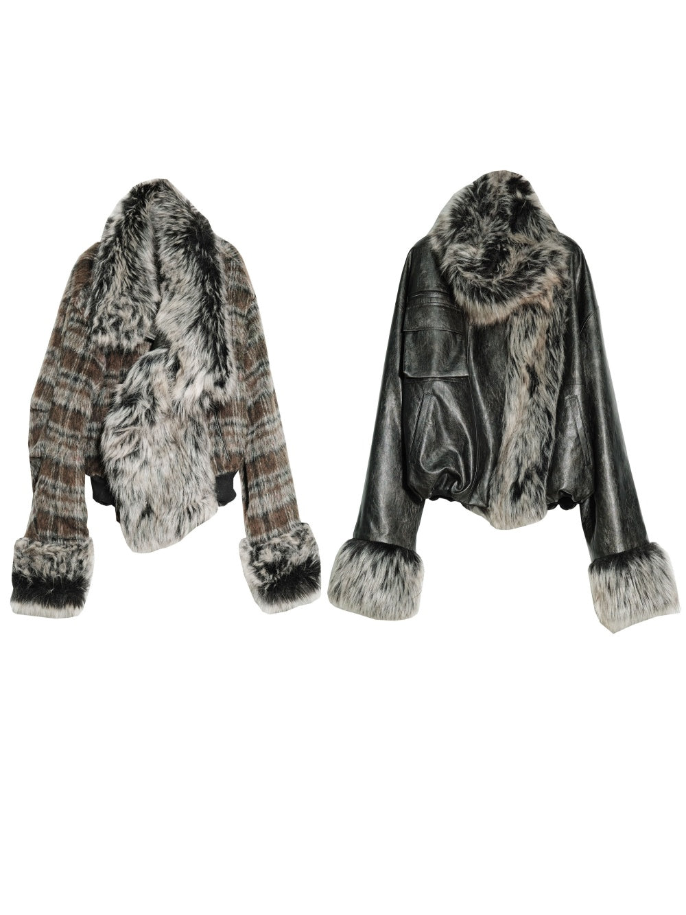 Two jackets with fur trim on a white background