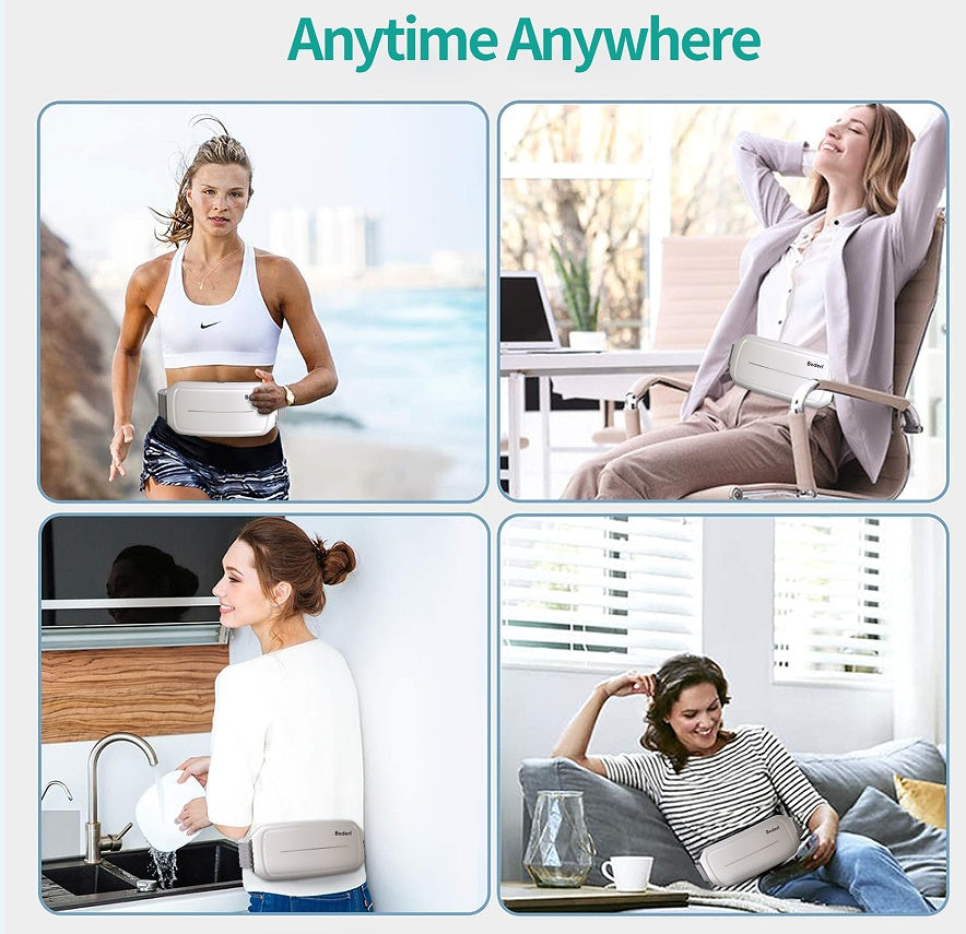 Collage of a woman using a waist support belt in various activities with 'Anytime Anywhere' text.