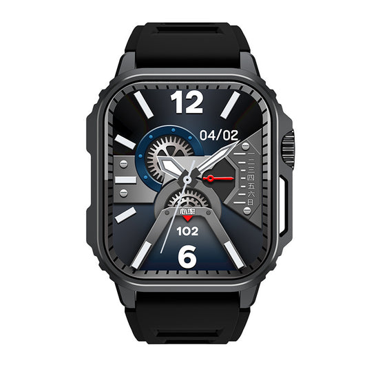 Black smartwatch with detailed face on a white background