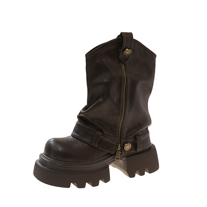 Brown leather boot with a platform sole on a white background