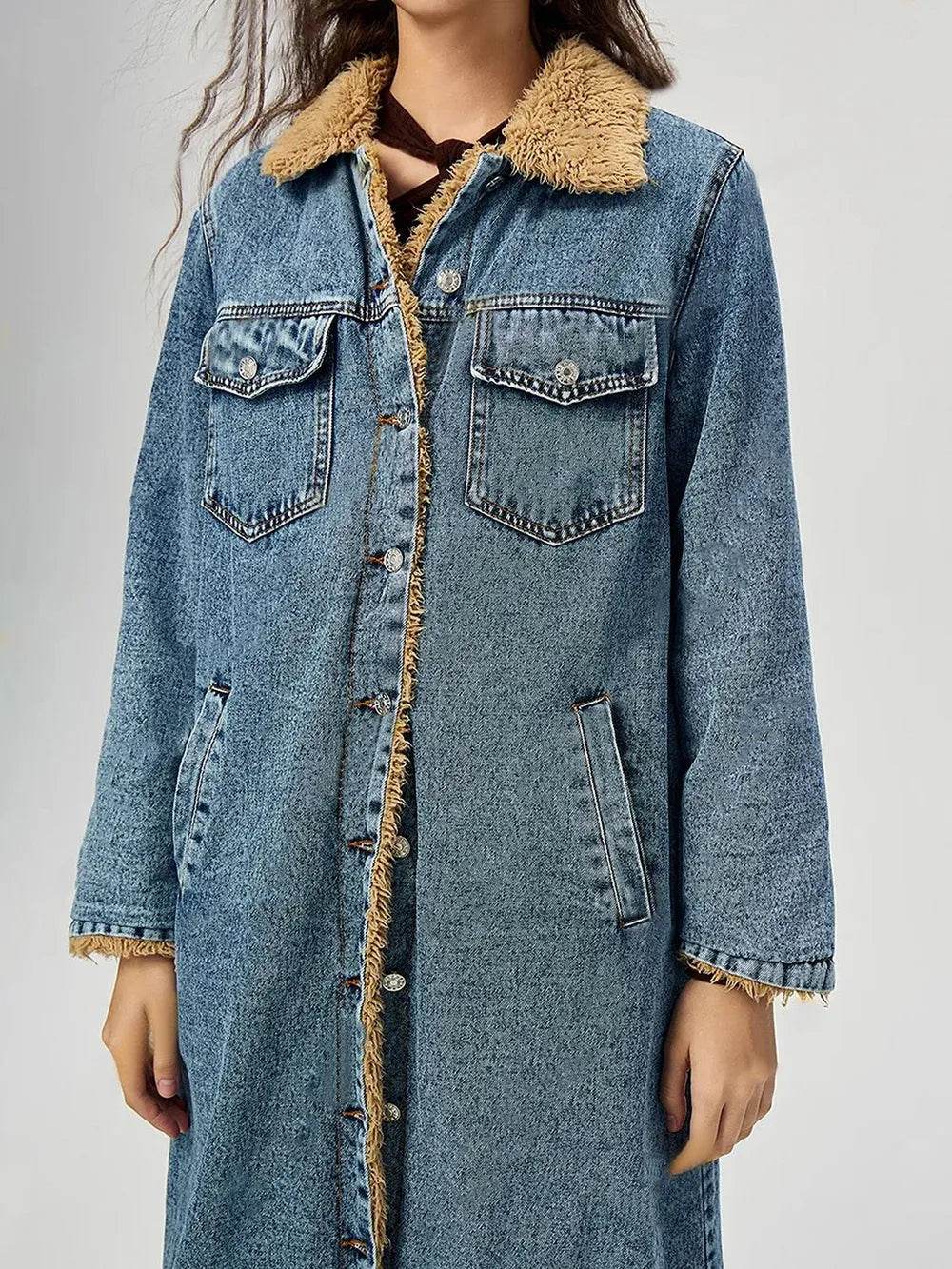 Pocketed Button Up Denim Jacket with Fur Lining - Millivan supplies 