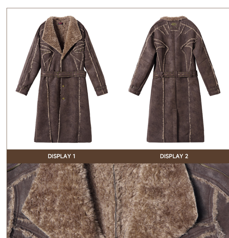 Brown coat with fur lining displayed from front and back on a white background.