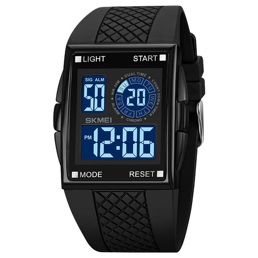 Black digital watch with blue display on a white background