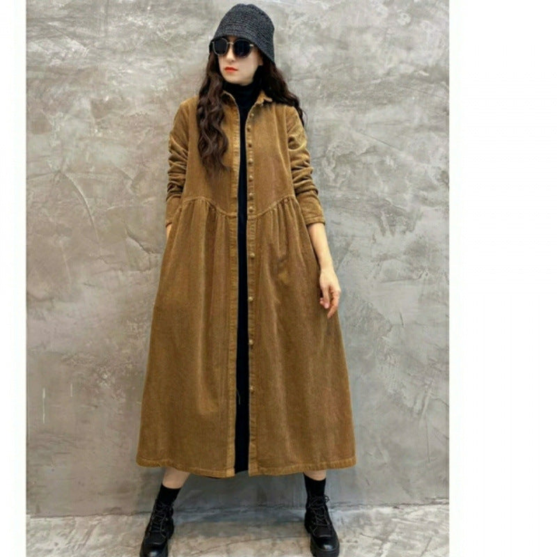 Women's Retro Corduroy Dust Coat – Loose Long Below-the-Knee Windbreaker Outwear | Brown, Dark Gray, Dark Green, Khaki | M–5XL