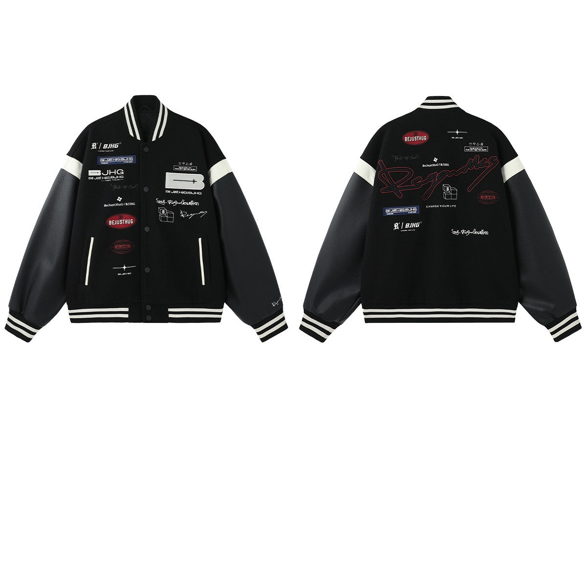 Black varsity jacket with white accents and various logos on a white background