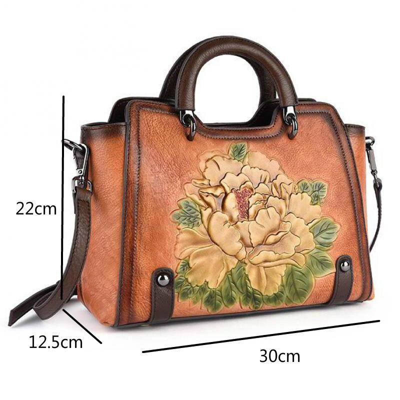 Brown leather handbag with floral design and measurements on a white background