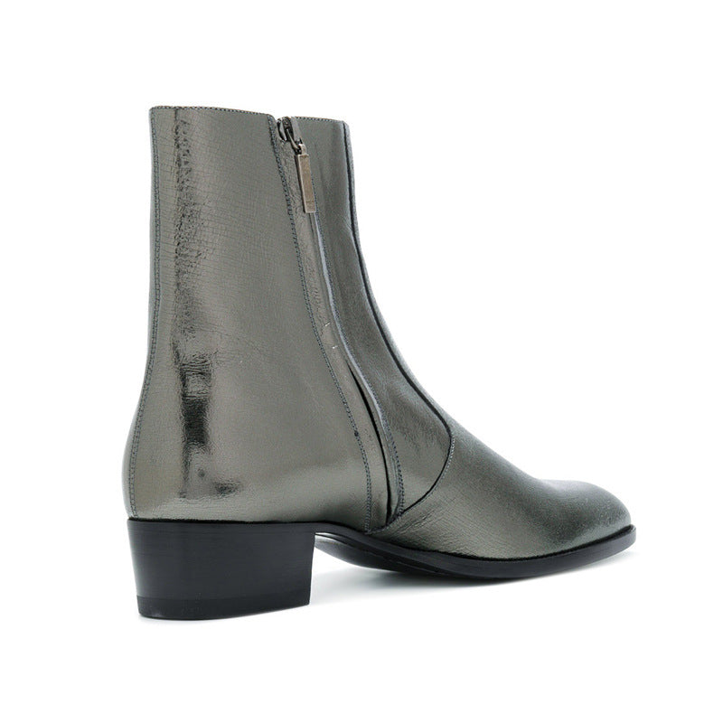 Silver metallic ankle boot on a white background