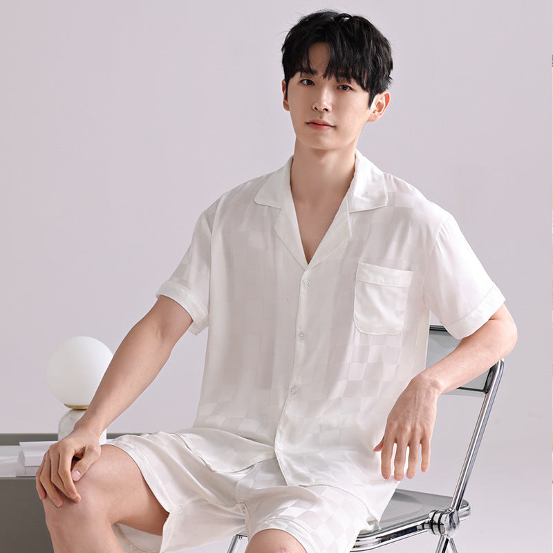 Men's Ice Silk Pajamas - Adult Summer Sleepwear Big Black Plaid