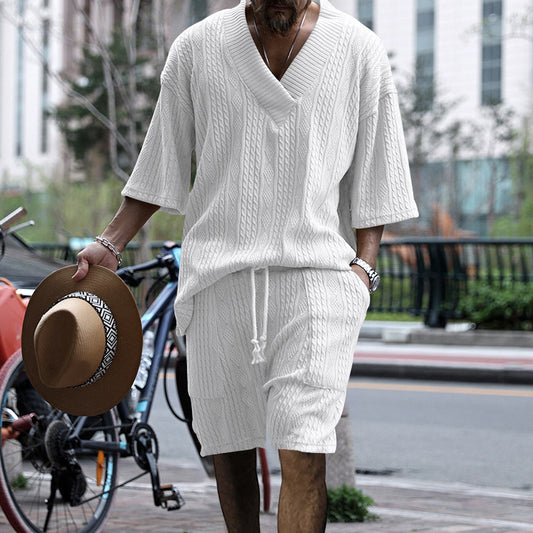Casual Jacquard Suits Summer V-neck Short-sleeved T-shirt And Drawstring Pocket Shorts Fashion 2pcs Set