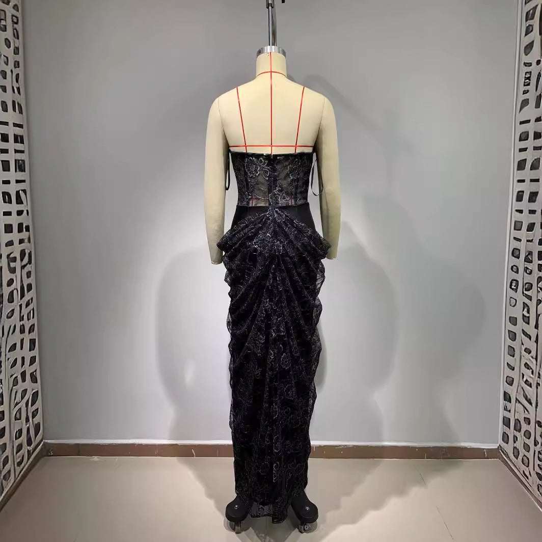 Women's Sleeveless Backless Floral Lace Bodycon Maxi Dress | Black | S–L
