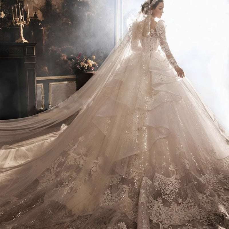 Women's European Royal Court Princess Wedding Dress – Heavy Lace Sequin Gown with Princess Sleeves | Floor-Length & Trailing | XS–XXL