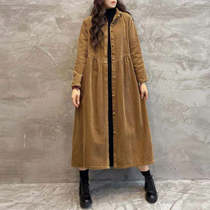Women's Retro Corduroy Dust Coat – Loose Long Below-the-Knee Windbreaker Outwear | Brown, Dark Gray, Dark Green, Khaki | M–5XL