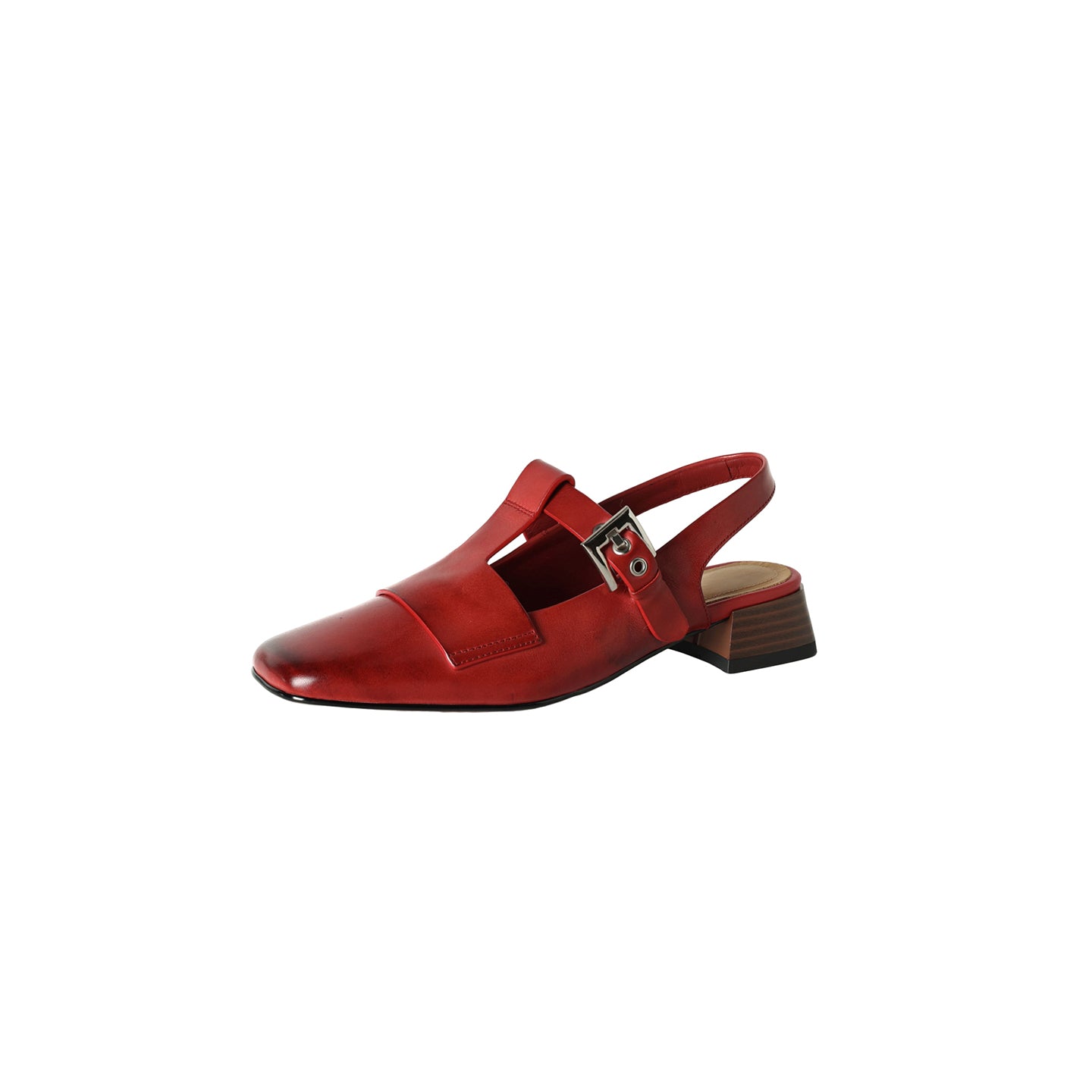 Red sandal with a strap and buckle on a white background