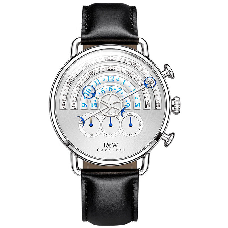 Luxury watch with a black leather strap and intricate silver dial on a white background