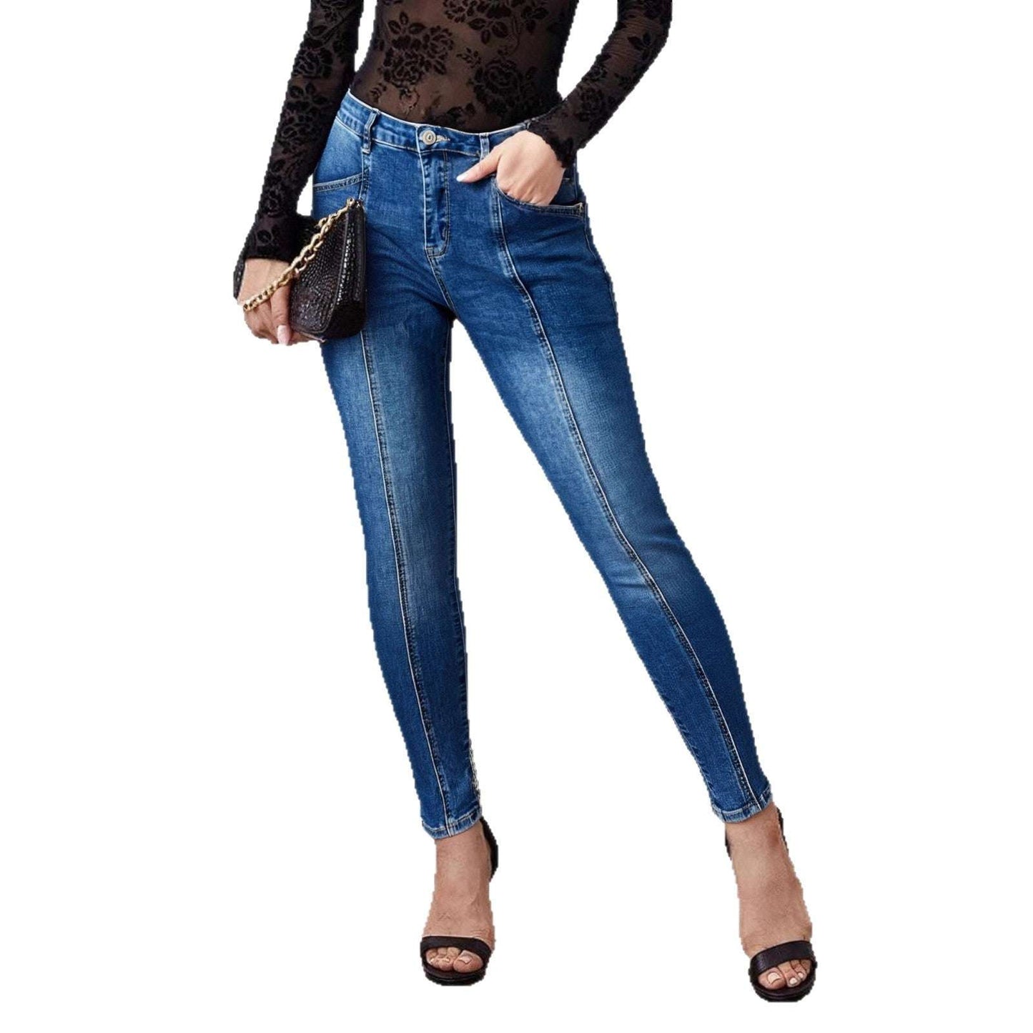 Women's Slim-Fit Patchwork Denim Jeans | Exposed Seams | Dark Blue
