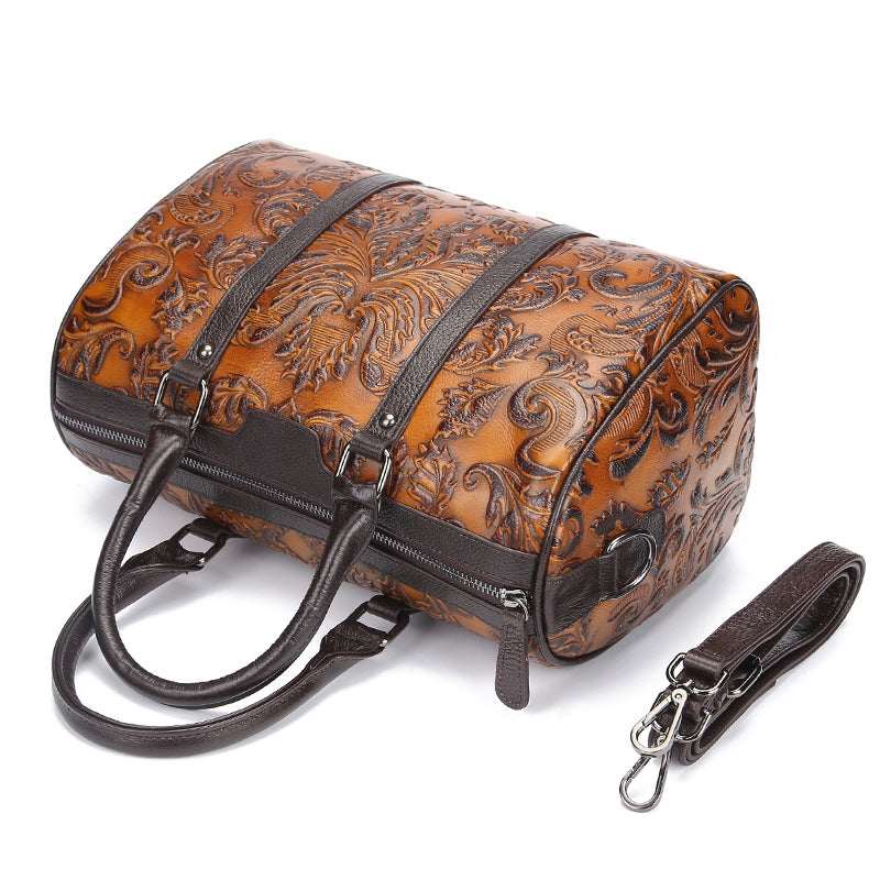Women's Genuine Leather Floral Embossed Crossbody Handbag – Large Casual Messenger Bag