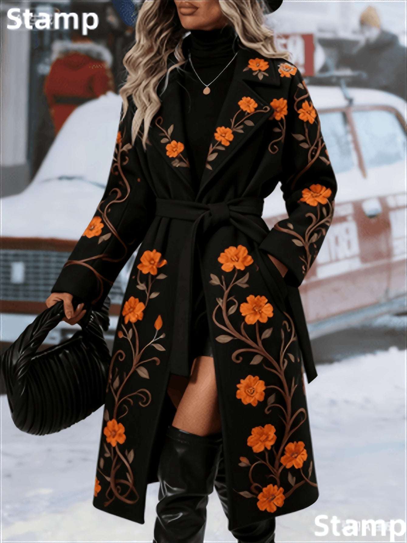 Woman wearing a black coat with orange floral embroidery in a snowy outdoor setting