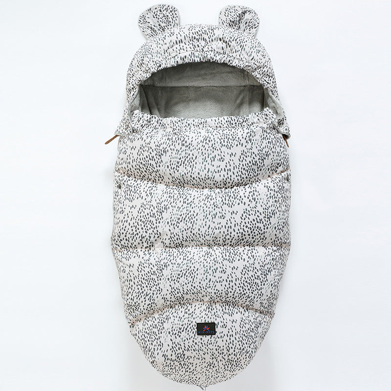 Baby sleeping bag with bear ears pattern on a white background