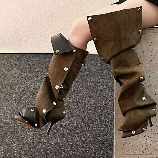 Women's Denim Stitching Knee-Length Boots – Two-Way Pile Casual Fashion Boots