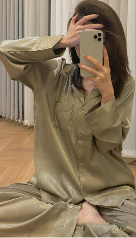 Women's Ice Silk Pajama Set - Adult Long Sleeve Home Sleepwear