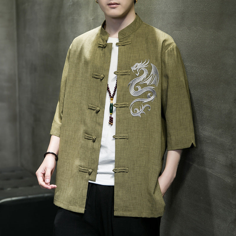 Men's Ice Silk Hanfu Shirt - Adult Three-quarter Sleeve Yellow Green